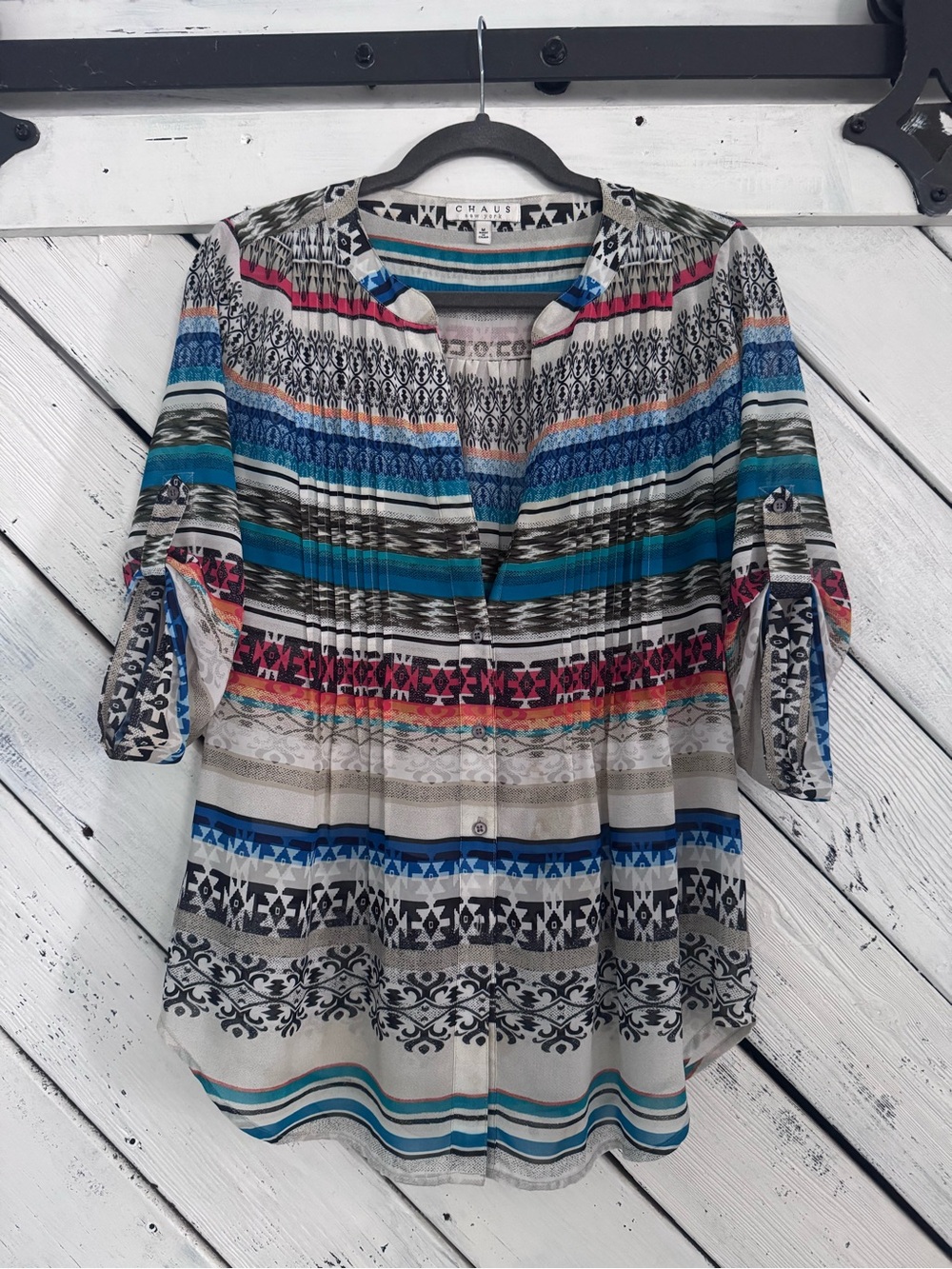 Chaus Multicolor Striped Boho Blouse - Teal, Blue & Pink Accents